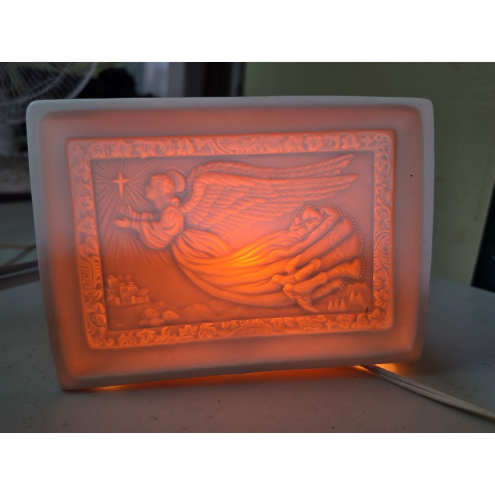Vtg Christmas Lithophane Porcelain Bisque Flying Angel Table Nightlight *Works*